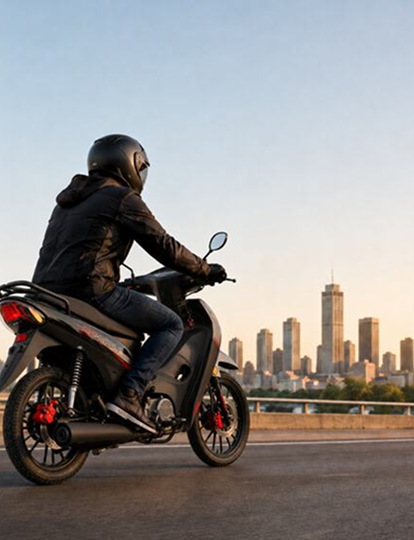 Persona andando en su moto con el 62% de avance del plan